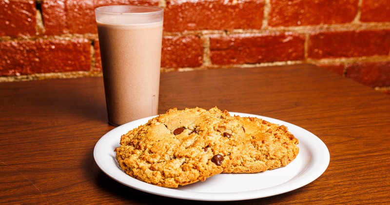 Chocolate chip cookies with a glass of chocolate milk