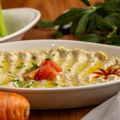 Baba ghannoug with roasted eggplant, mixed with tahini, lemon juice and garlic.