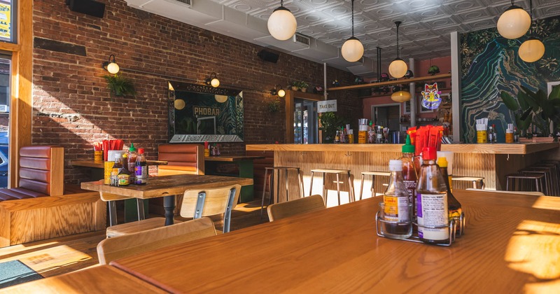 Interior, wooden tables and chairs