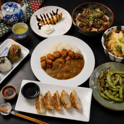 Spread of Japanese dishes including curry rice, gyoza, onigiri, edamame, and tempura.