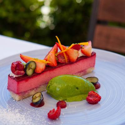 Decorated dessert cake with fruit on top