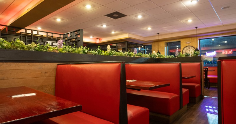 Interior, restaurant booths in dining area