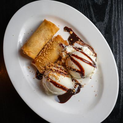 Crispy rolls and vanilla ice cream.