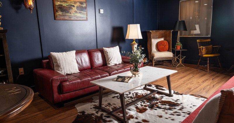 Interior, cozy corner with sofas and table