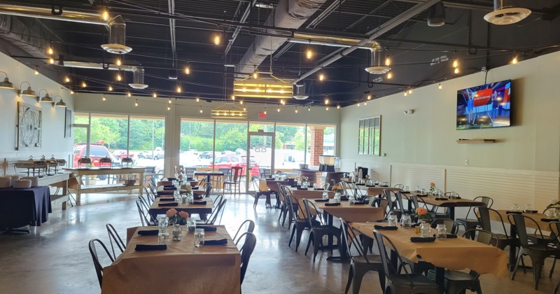 Interior, wooden seats and tables