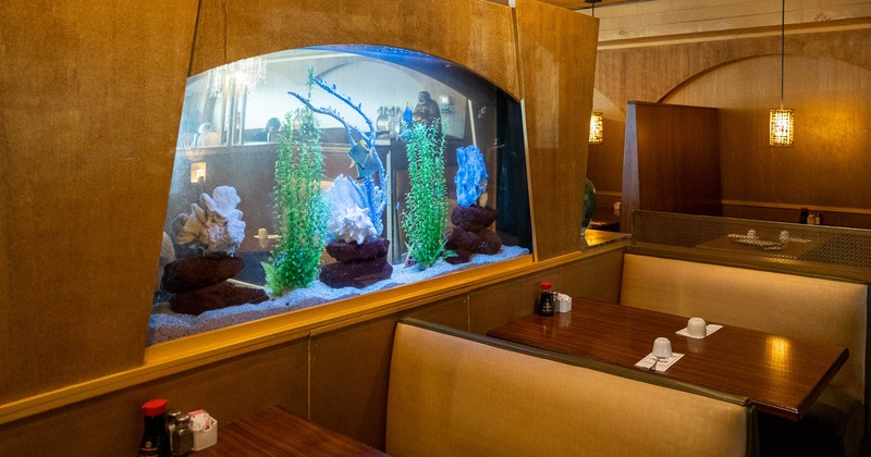 Interior, booths by a wall with a built-in aquarium