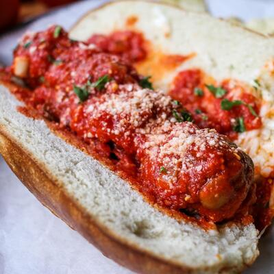 Meatball sandwich with tomato sauce
