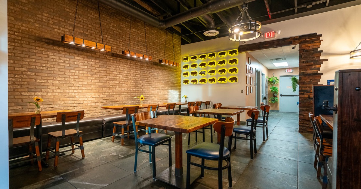 Interior, seating area with tables and chairs