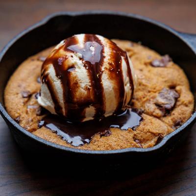 Chocolate chip cookie skillet with ice cream.