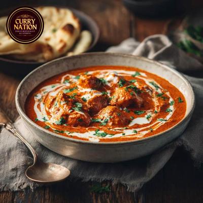 Butter chicken served with naan.