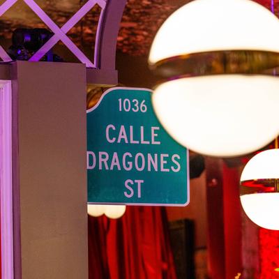 Calle Dragones street sign inside the restaurant.