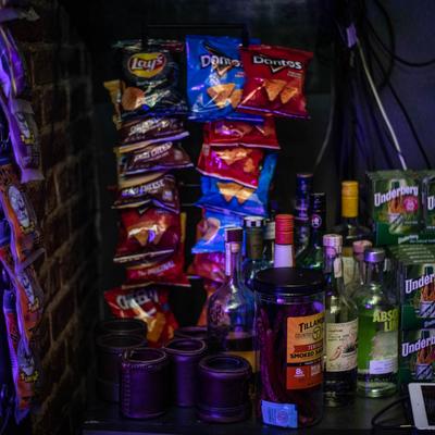 Various packed goods and bottles.