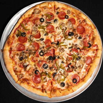Pizza with cheese, pepperoni, jalapenos, mushrooms, and black olives.