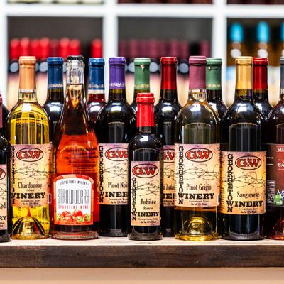 Bottles of wine lined up.
