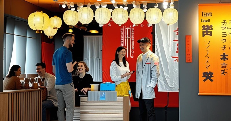 Guests chatting beneath lanterns near the front counter