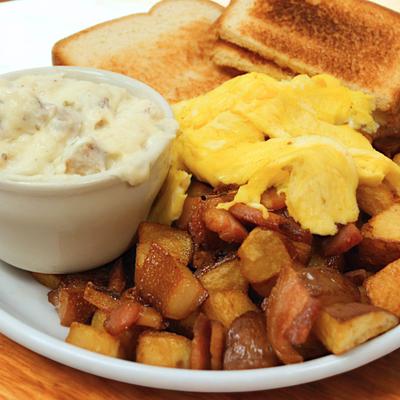 Toast, potatoes, eggs, and mashed potatoes.