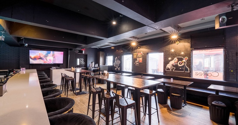Interior, seating area with high seating tables