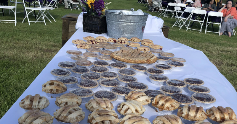 Outdoors, a table with pies at an event
