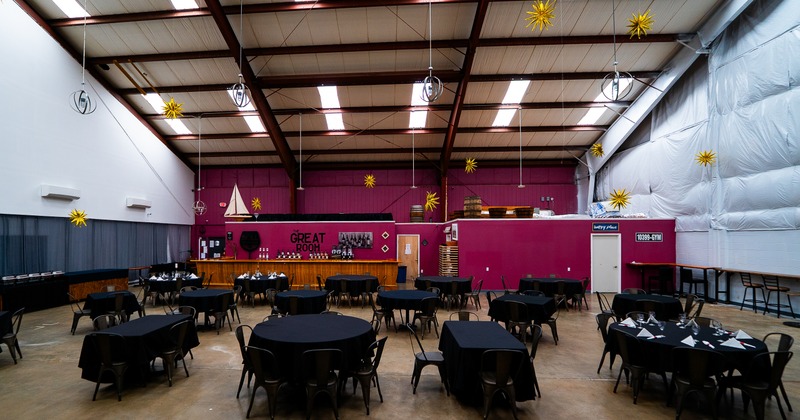 Interior, great room, party hall, tables, chairs,bar