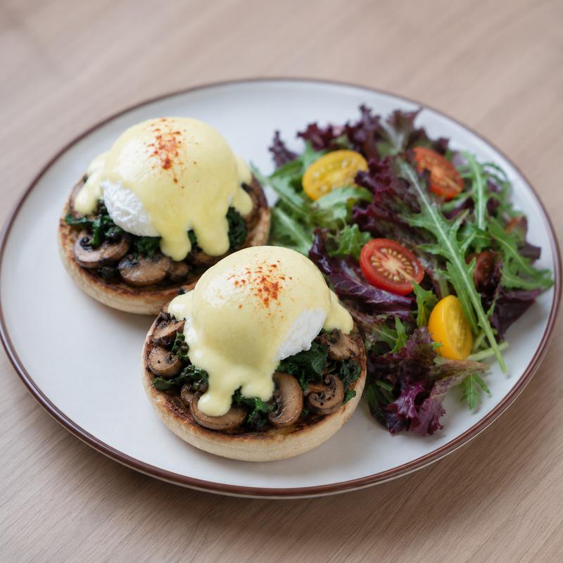 menu item 98 of 131, EGGS BENEDICT -  MUSHROOM & SPINACH