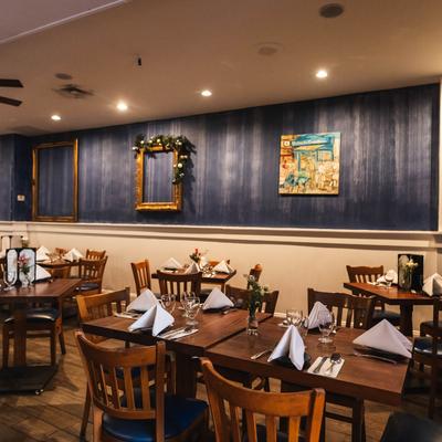 Interior seating, tables and chairs.