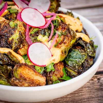 Fried brussels sprouts, close up.