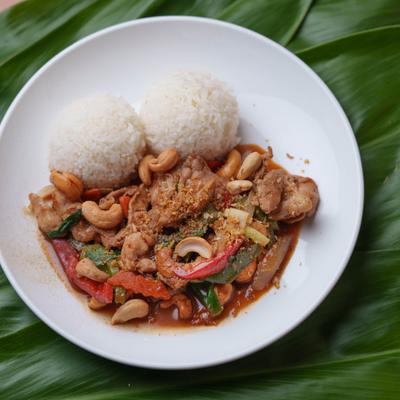 Chicken Cashew nut served with rice.