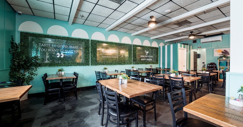 Interior space, dining area, dining tables lined up