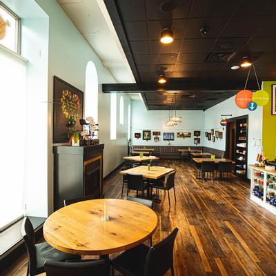Interior, tables ready for guests.