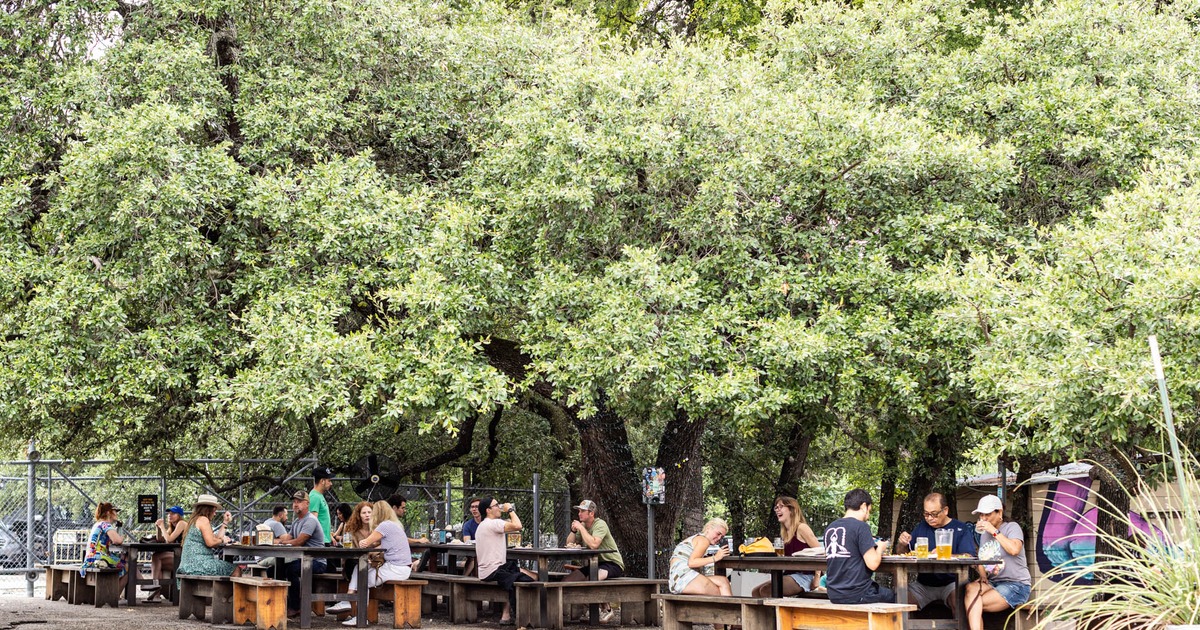 Beer garden with picnic tables