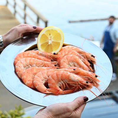 Hands holding a plate of large cooked King Prawns served with a half of lemon.