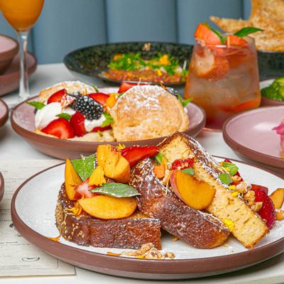 Various served meals and drinks.