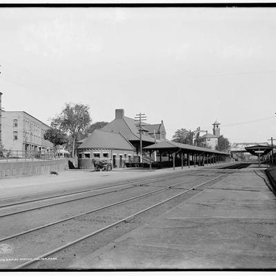 A black and white photo of the train station.