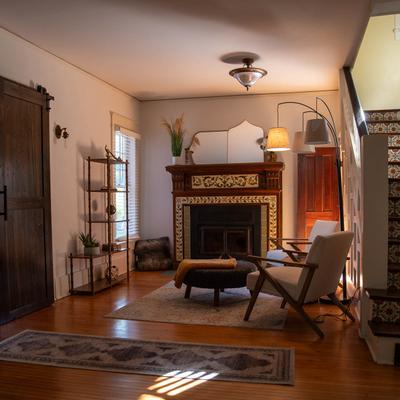 Cozy area by the fireplace.