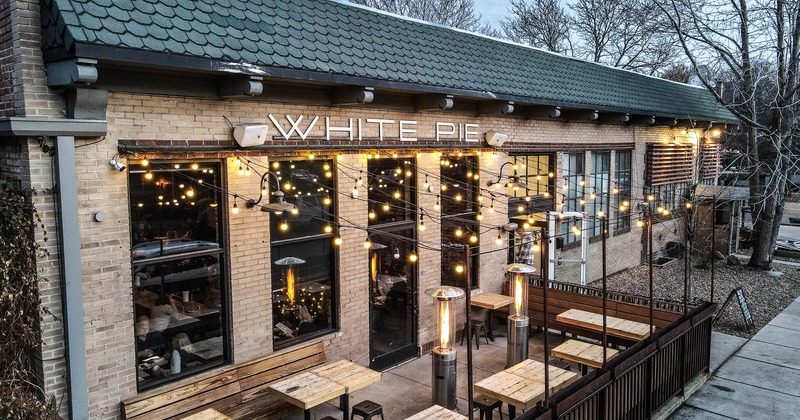 Patio area, string lights and heaters