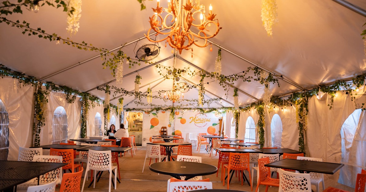 Tent interior, tables and chairs