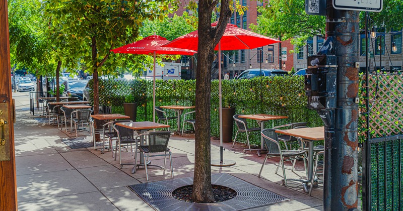 Exterior, tables and chairs ready for guests