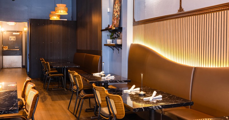 Interior, tables, chairs  and high back benches