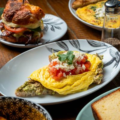 Served meals, angled view.