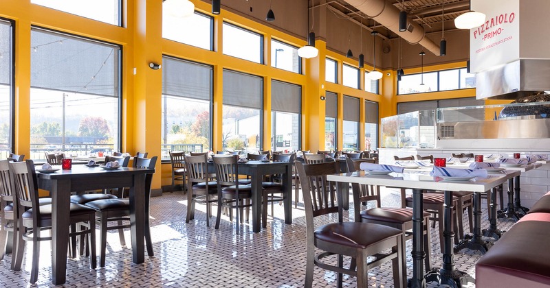 Restaurant interior, large windows