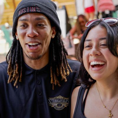 Smiling friends enjoying time outdoors.