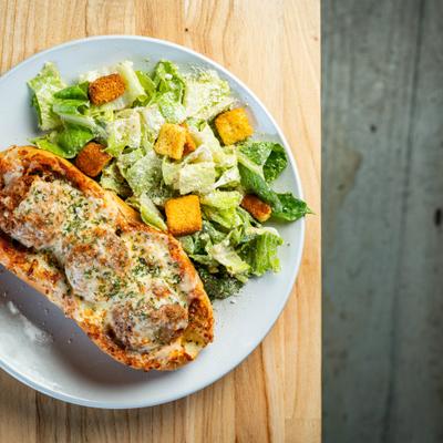 Meatball Sub and Caesar salad.