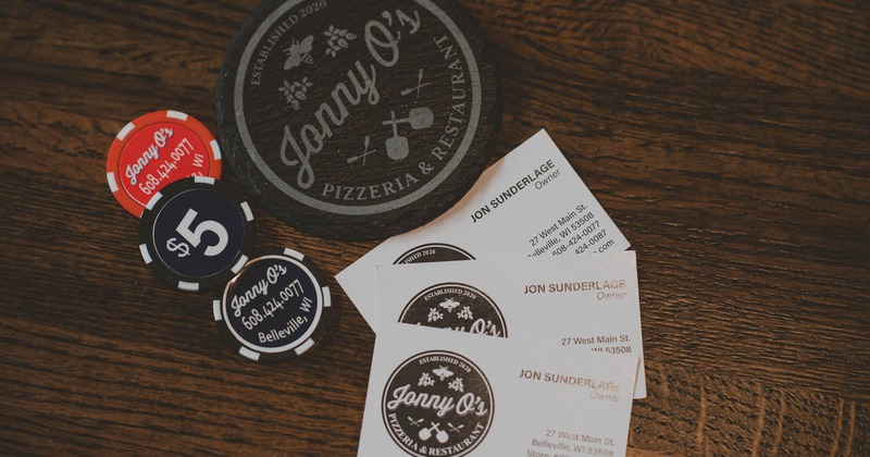 Business cards, and glass coasters