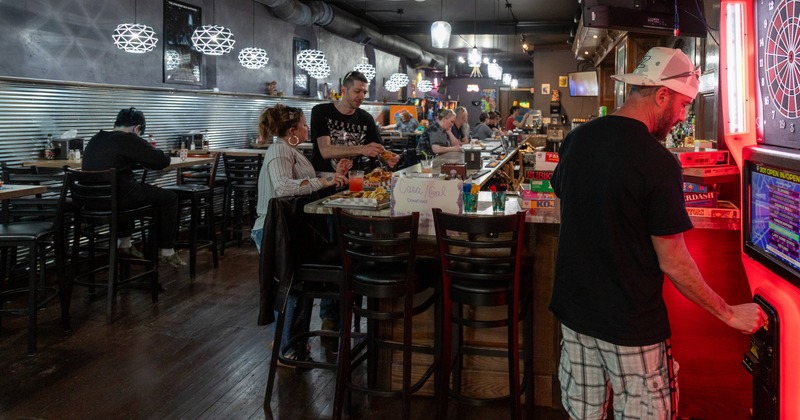 Interior, bar with modern chandeliers