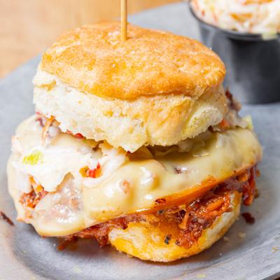 Lowcountry biscuit sandwich, served.