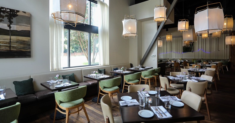 Interior, dining area with large windows