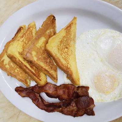 Bacon, eggs, and toast.