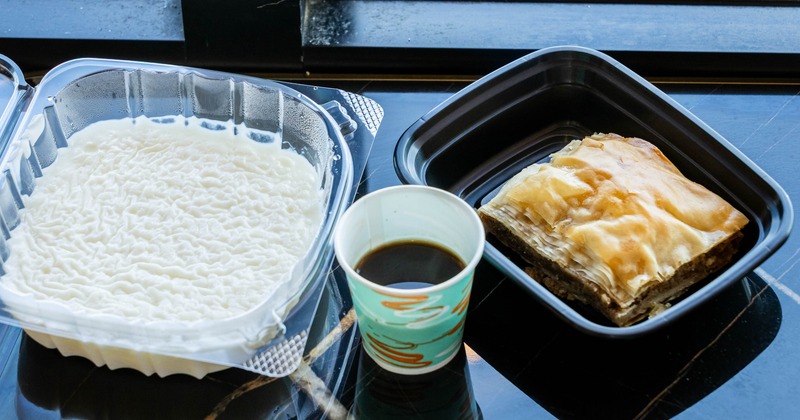 Rice pudding, baklava, and coffee
