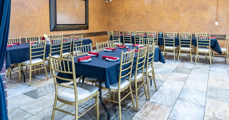 Interior, dining area with tables and chairs