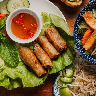 Assorted food dishes, top view.